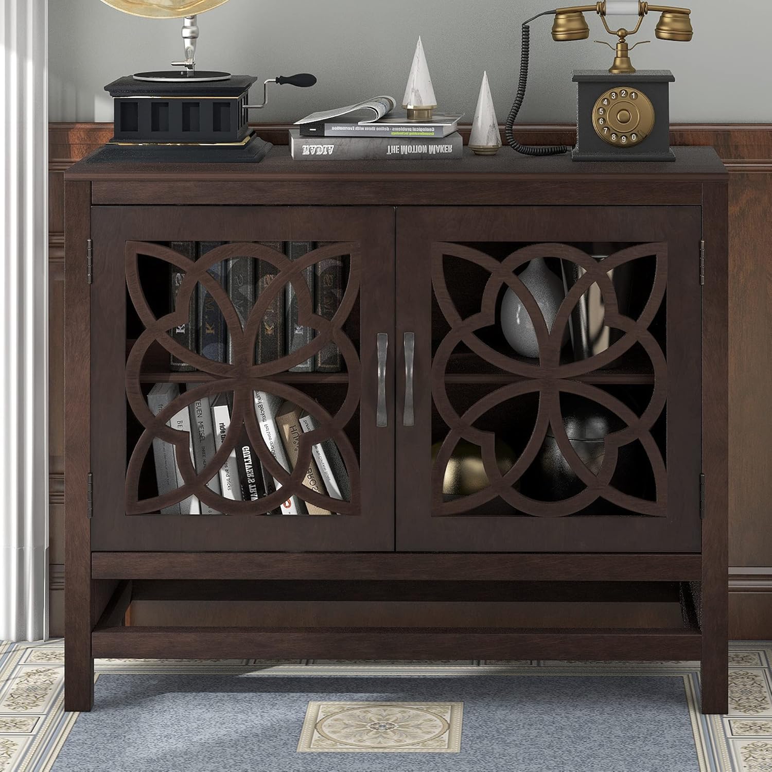 Black Accent Buffet Sideboard with Tempered Glass Console Table Sofa Table with Adjustable Shelves Cabinet G71711