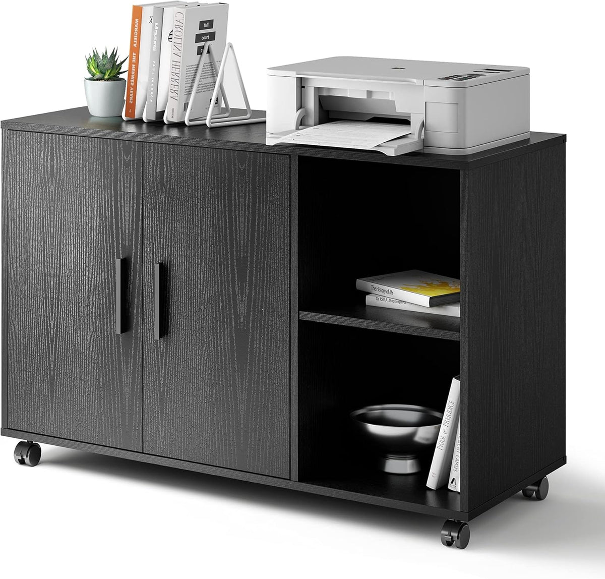 Black Wood Filing Cabinet with Adjustable Shelves on Lockable Wheels U394417