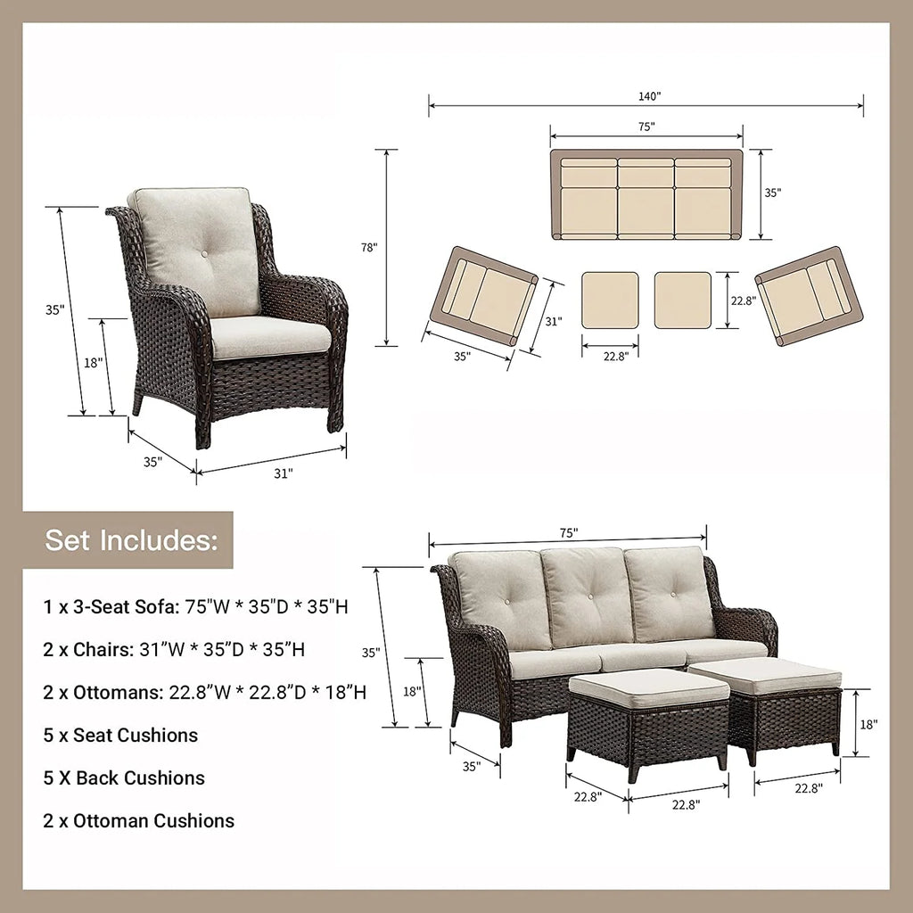 5 PC Brown/Beige Rattan Wicker Sectional Sofa Set F1280