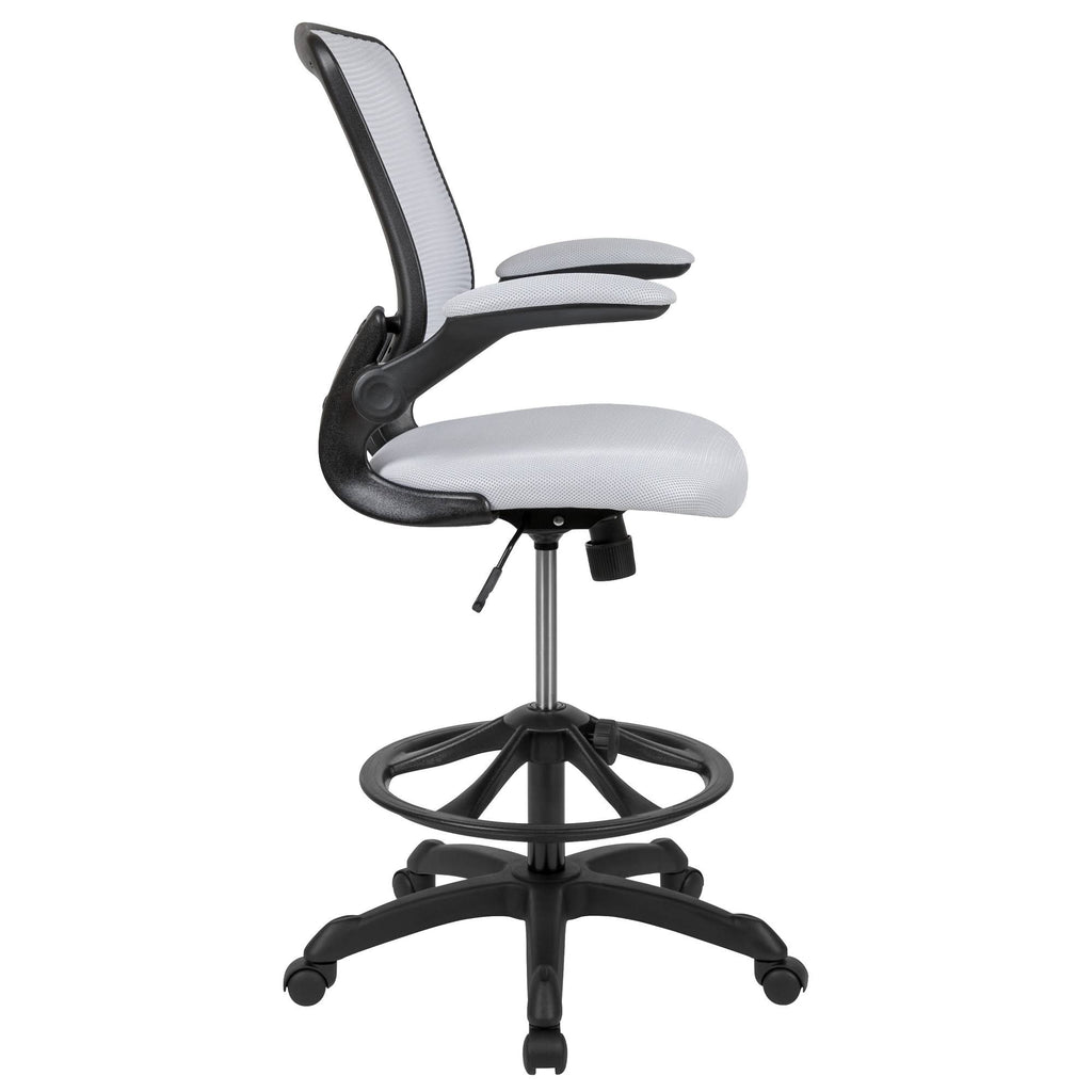 White Mesh Ergonomic Drafting Chair with Foot Ring and Flip-Up Arms P56858