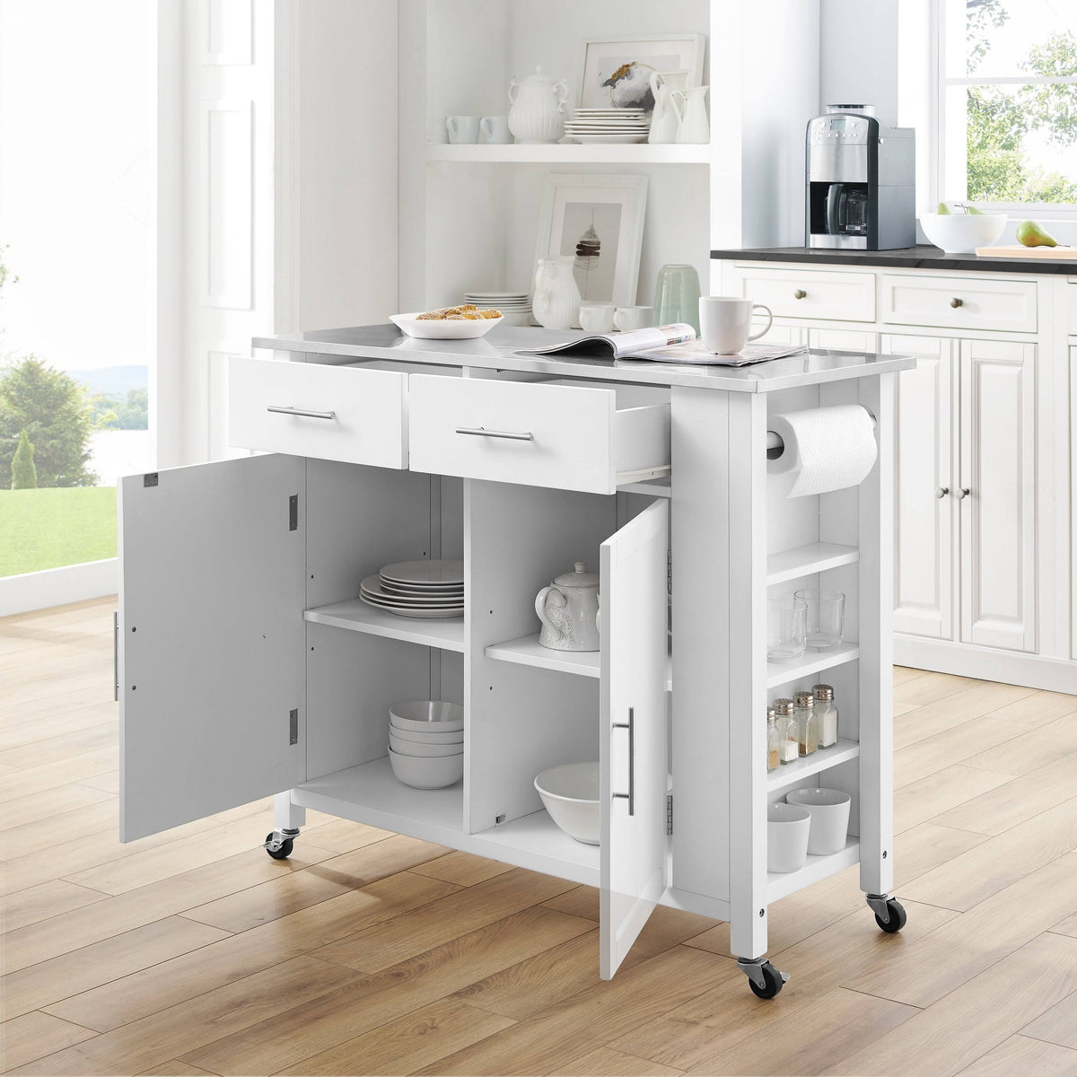 White Stainless Steel Top Full-Size Kitchen Island Cart L3084