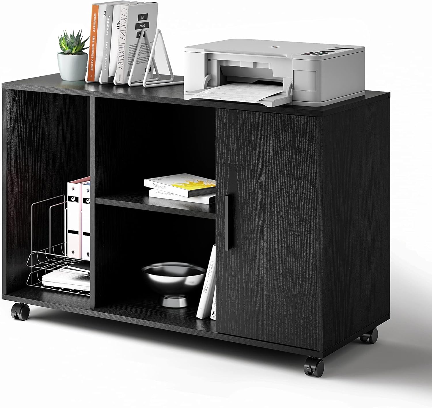 Black Wood Filing Cabinet with Adjustable Shelves on Lockable Wheels U394417